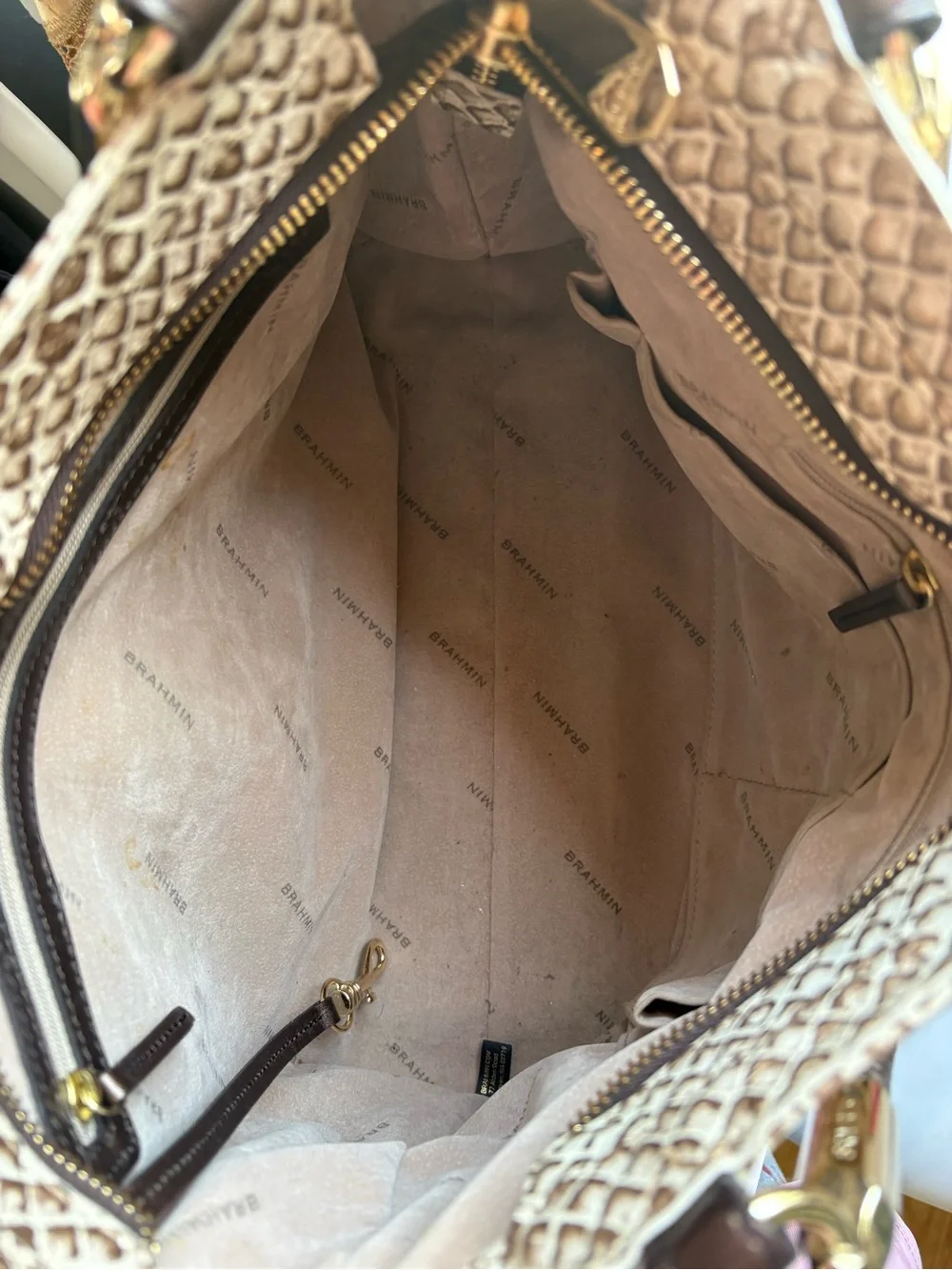 Brahmin Beige Brown Embossed Animal Print Shoulder Bag Zip Gold Dust Bag